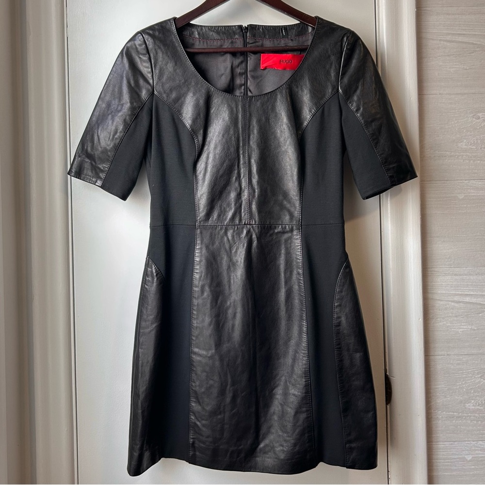 Hugo Boss Leather Lidia Panelled Dress Black